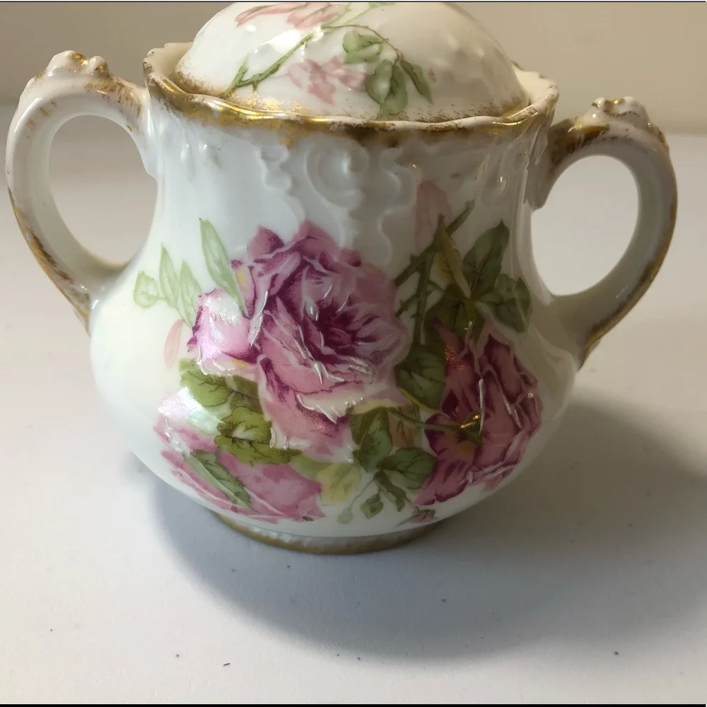 Limoges Vintage Antique Hand Painted Porcelain Sugar & Cream Bowl W/ Lid Roses